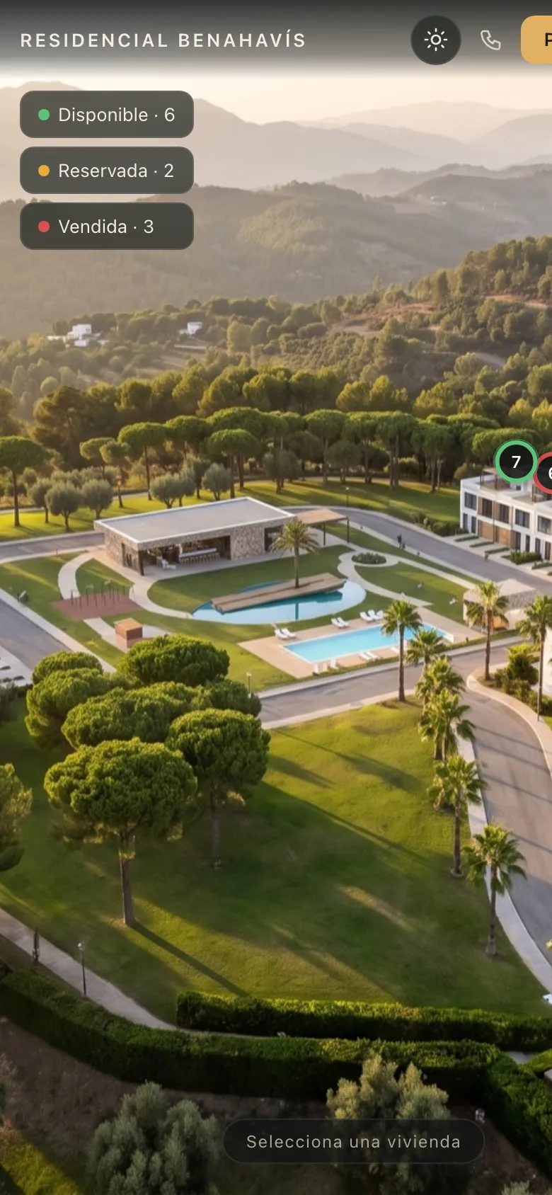 El showroom de Residencial Benahavís abierto en el móvil, con el masterplan y el estado de cada casa