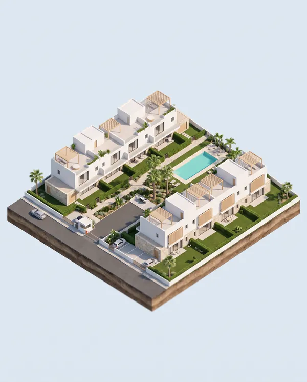 Masterplan 3D de seis adosados con piscina comunitaria