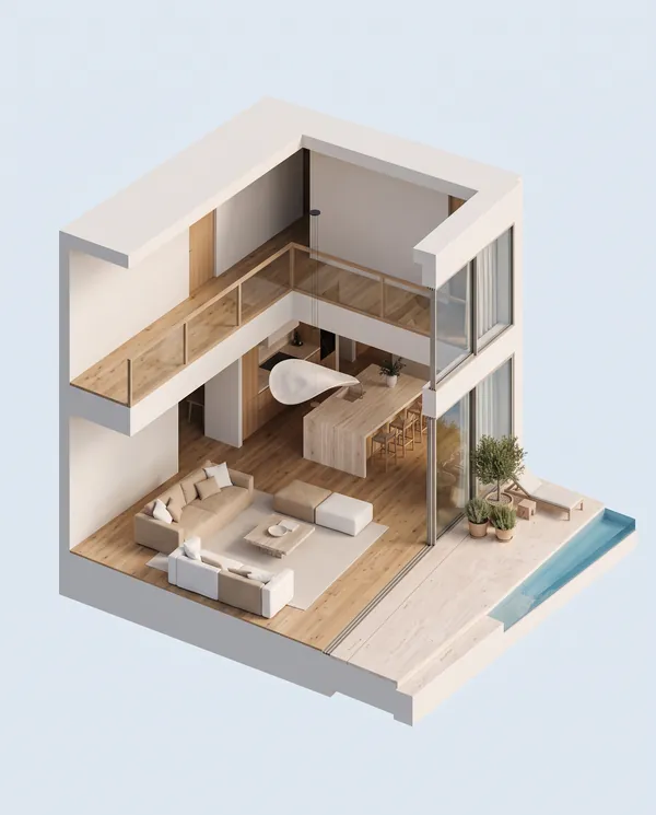 Corte en 3D de un salón a doble altura con cocina abierta