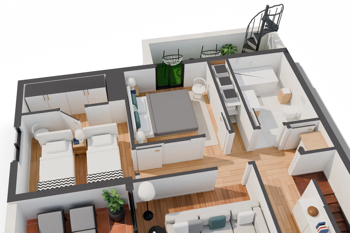 Ala de dormitorios y baño completo. Render 3D generado a partir del plano 2D.