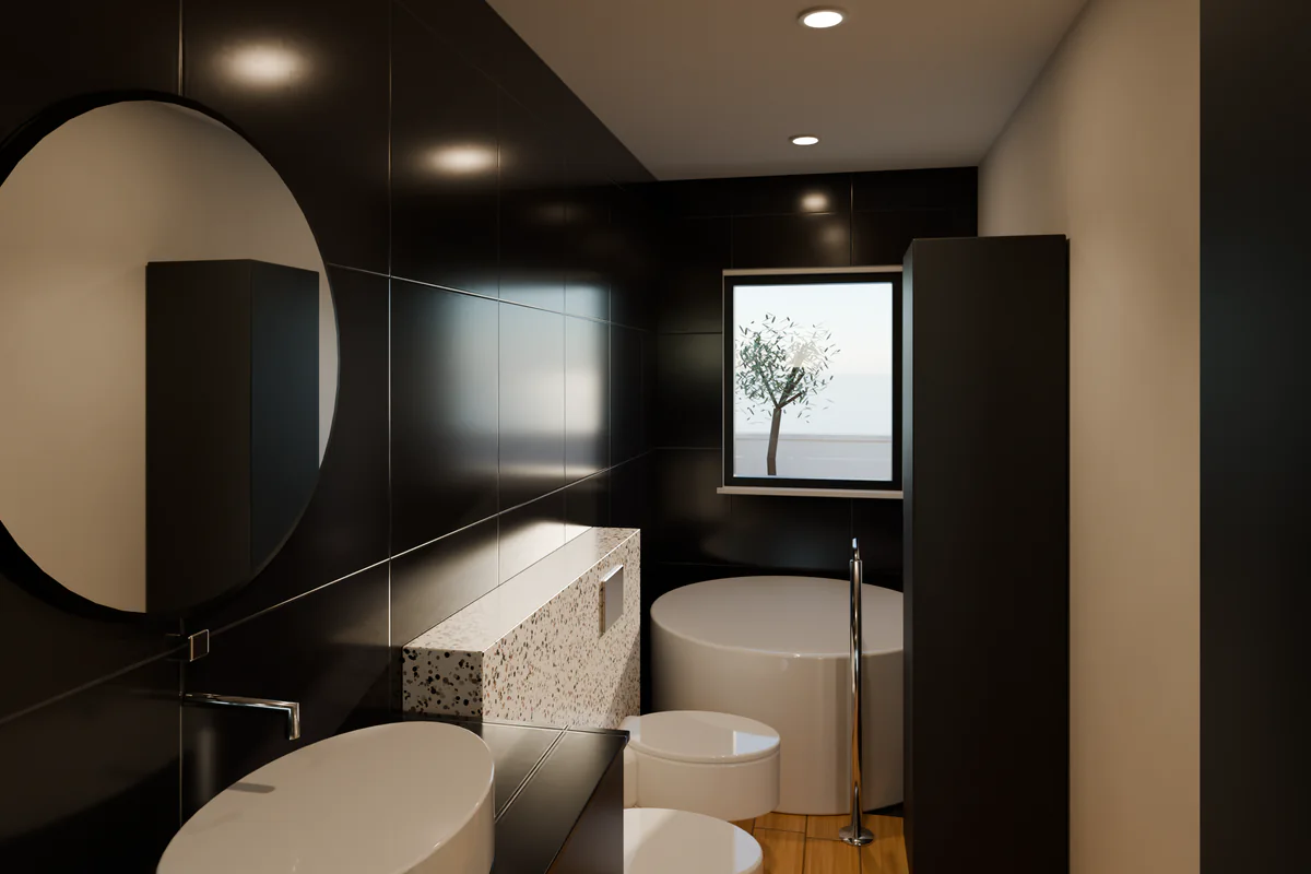 Baño en suite de la villa con bañera exenta redonda y porcelánico negro. Render 3D de la villa anonimizada.