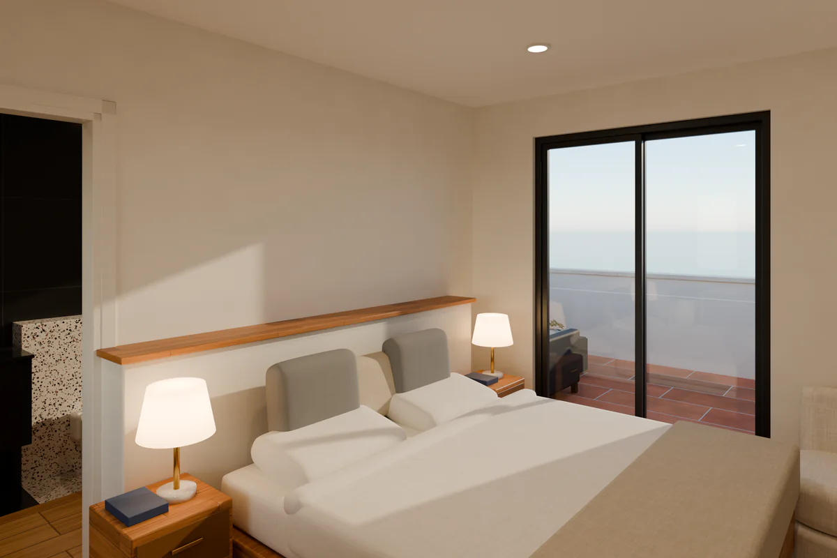 Dormitorio principal de la villa con cabecero de obra, mesillas con lámparas y salida a la terraza. Render 3D de la villa anonimizada.