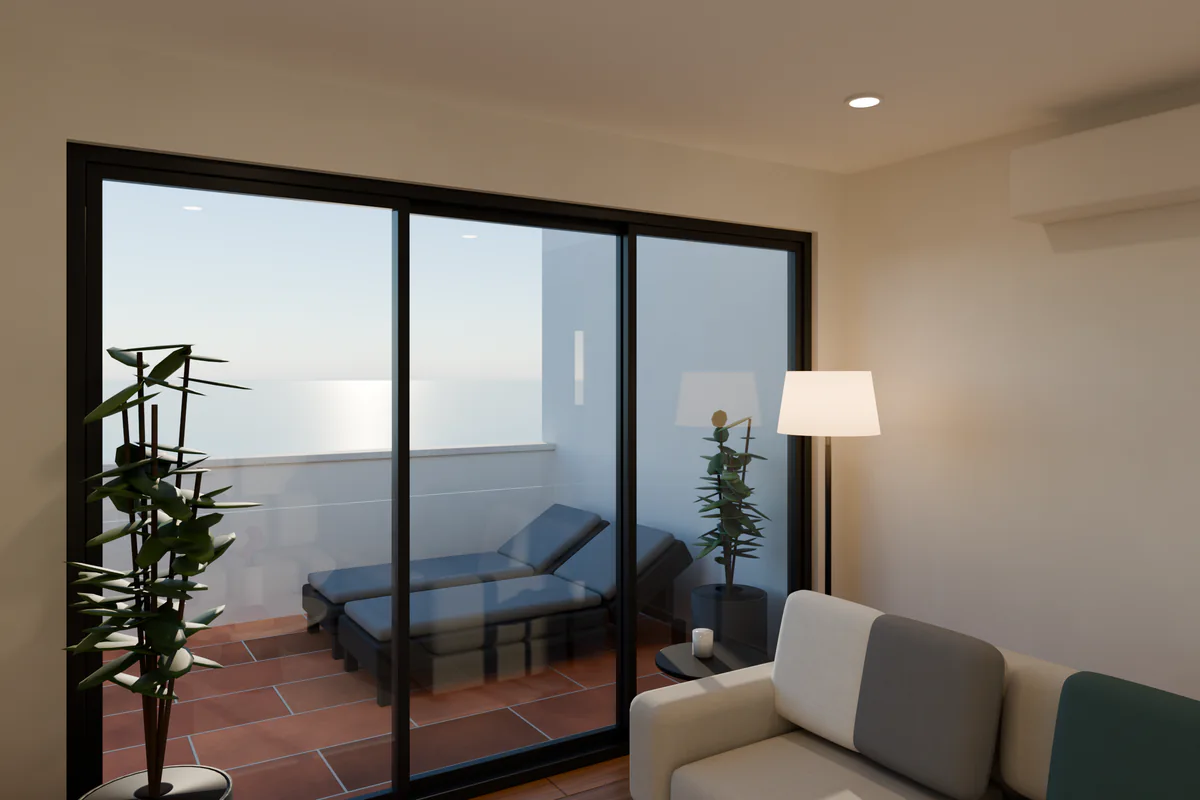 Salón de la villa a la altura de los ojos, con sofá rinconera y hojas correderas hacia la terraza. Render 3D de la villa anonimizada.