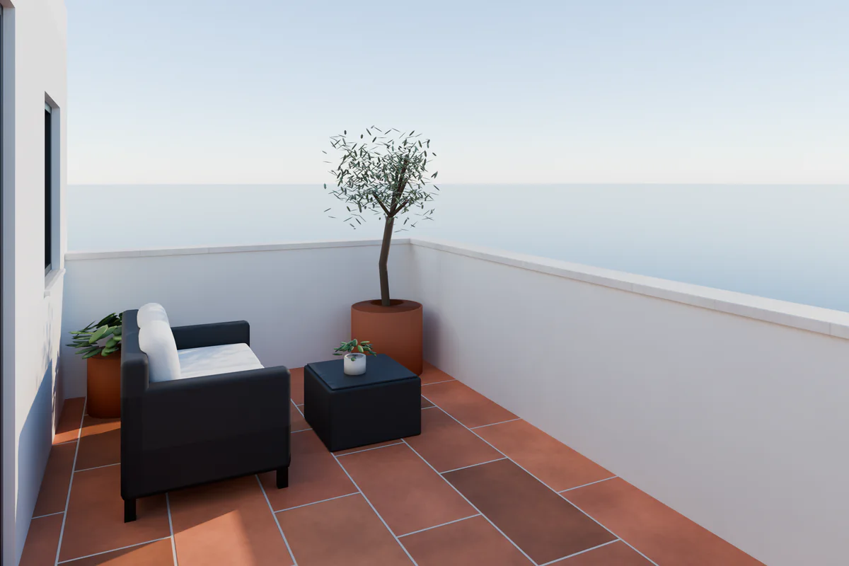 Terraza principal de la villa anonimizada con sofá exterior y olivo, a la altura de los ojos. Render 3D generado a partir del plano 2D.