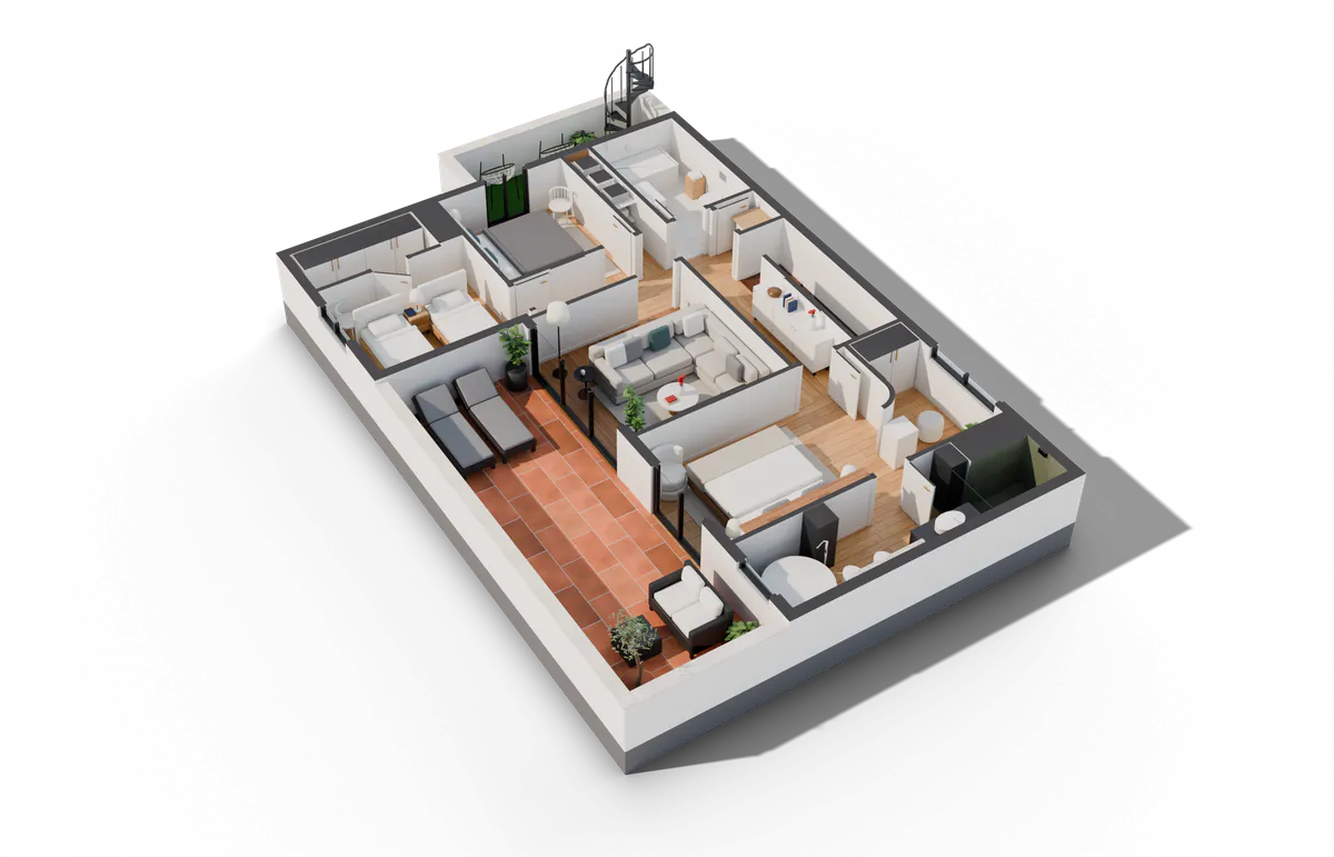 Maqueta 3D seccionada de la planta alta de una villa en la Costa del Sol, vista aérea en tres cuartos. Render generado a partir del plano 2D.