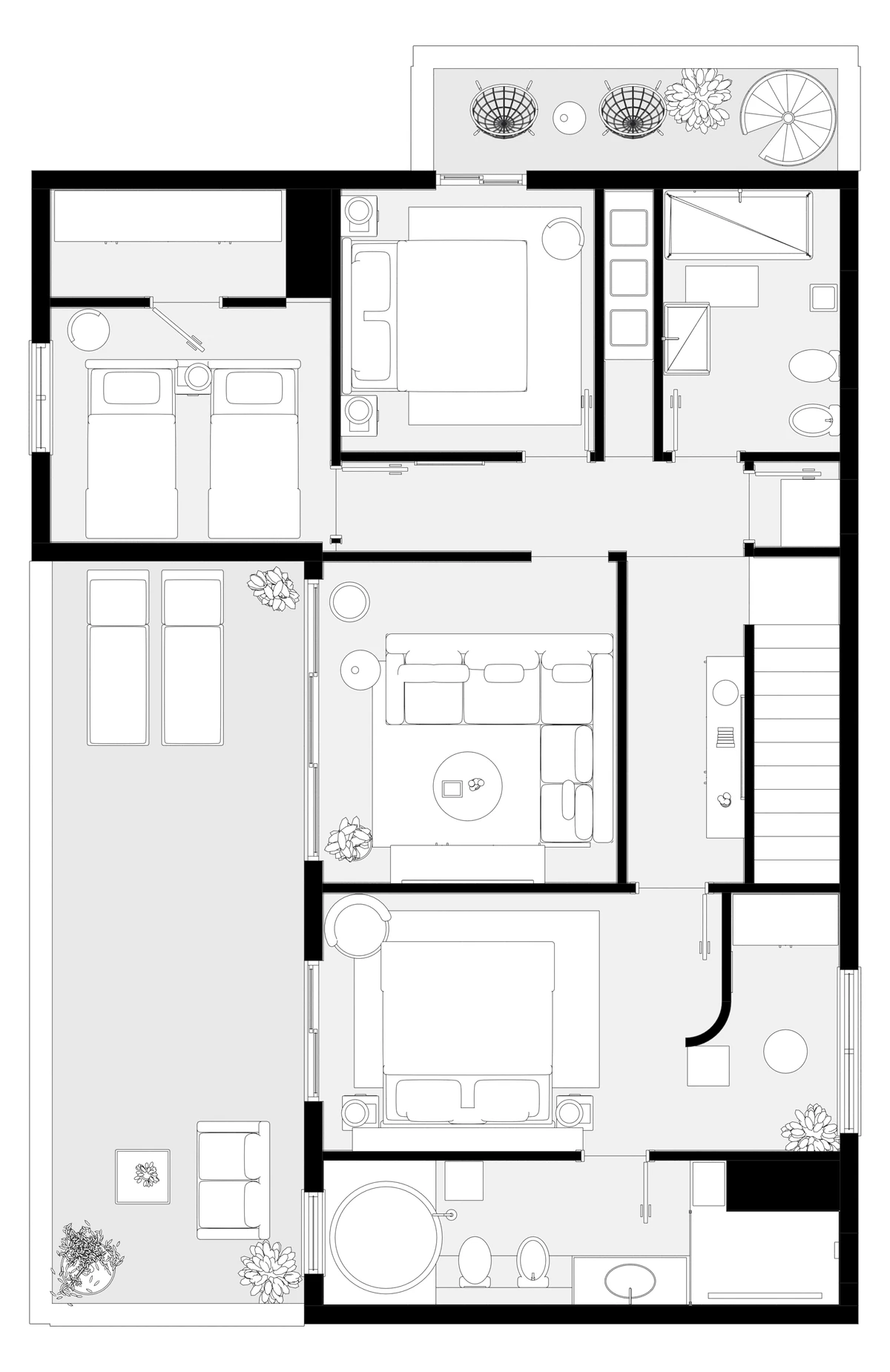 Planta 2D de la villa redibujada desde nuestro modelo 3D, con muros en negro y mobiliario en línea.