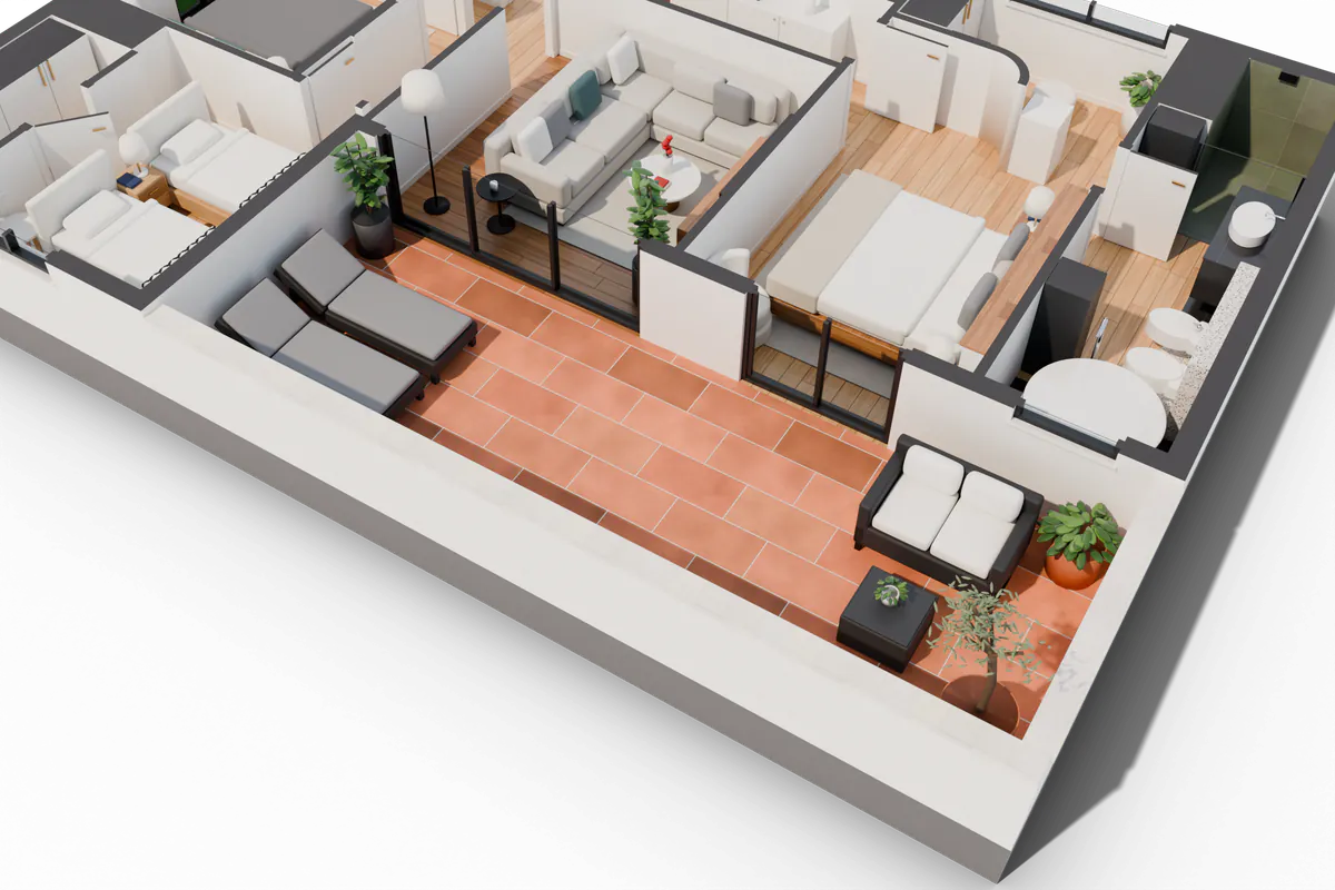 Terraza principal con tumbonas y olivo. Render 3D generado a partir del plano 2D.