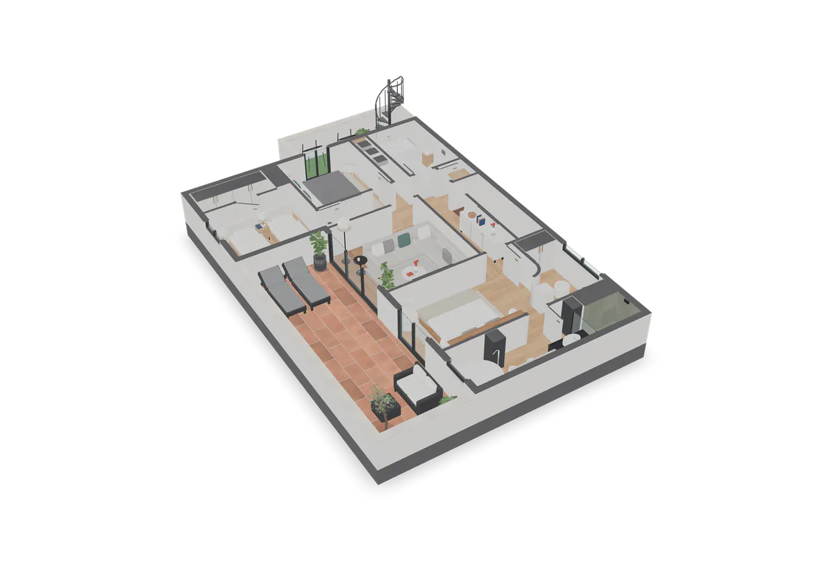 Render 3D de la planta alta de la villa con los muros cortados a 1,15 m, generado a partir del plano 2D